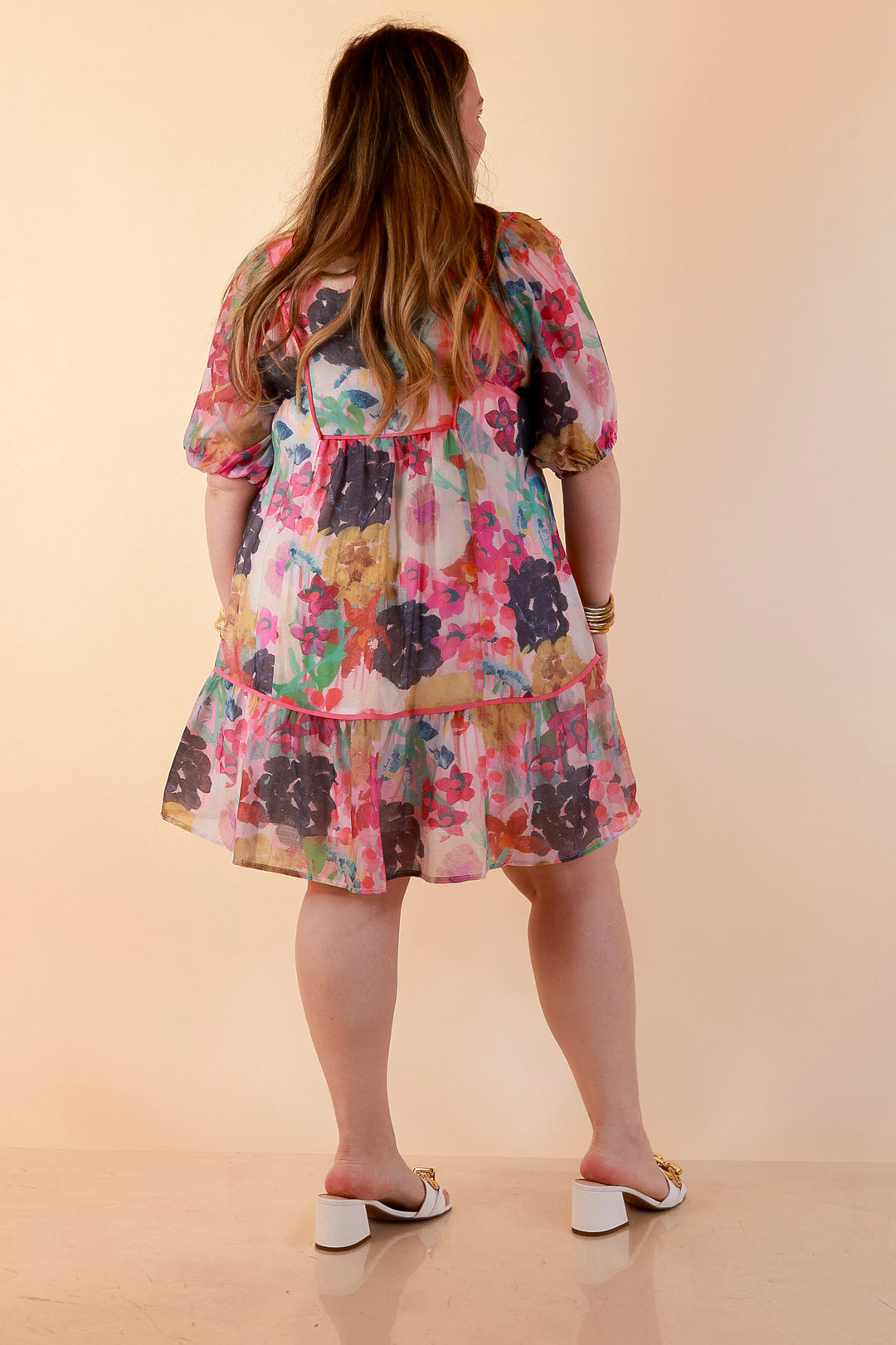 Painted Pretty Floral Print Smocked Yoke Dress with Tie Neckline and Puff Sleeves in Pink Mix