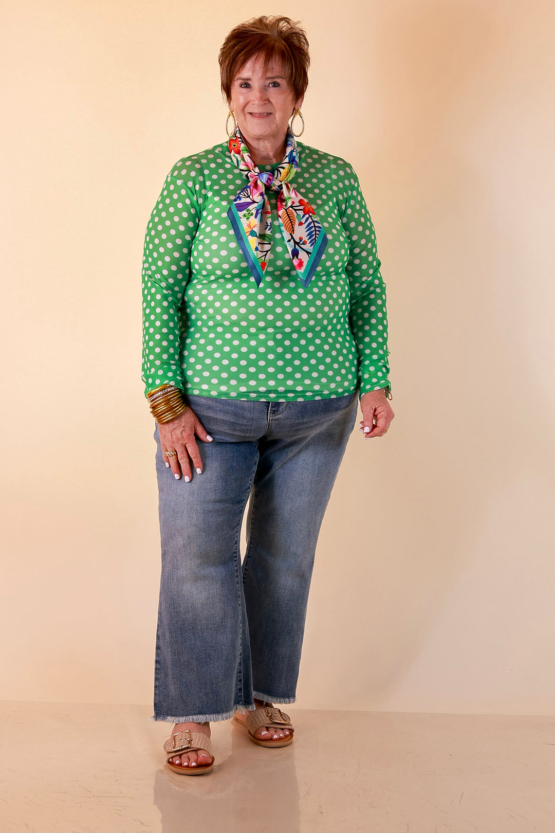 The Essential Layer Polka Dot Print Sheer Mesh Long Sleeve Top in Kelly Green
