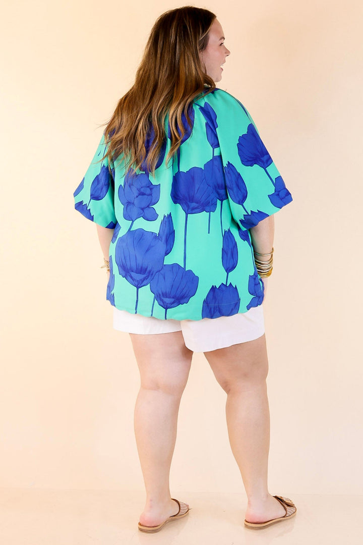Puff & Petal V-Neck Blue Flower Print with Collar in Jade Blue