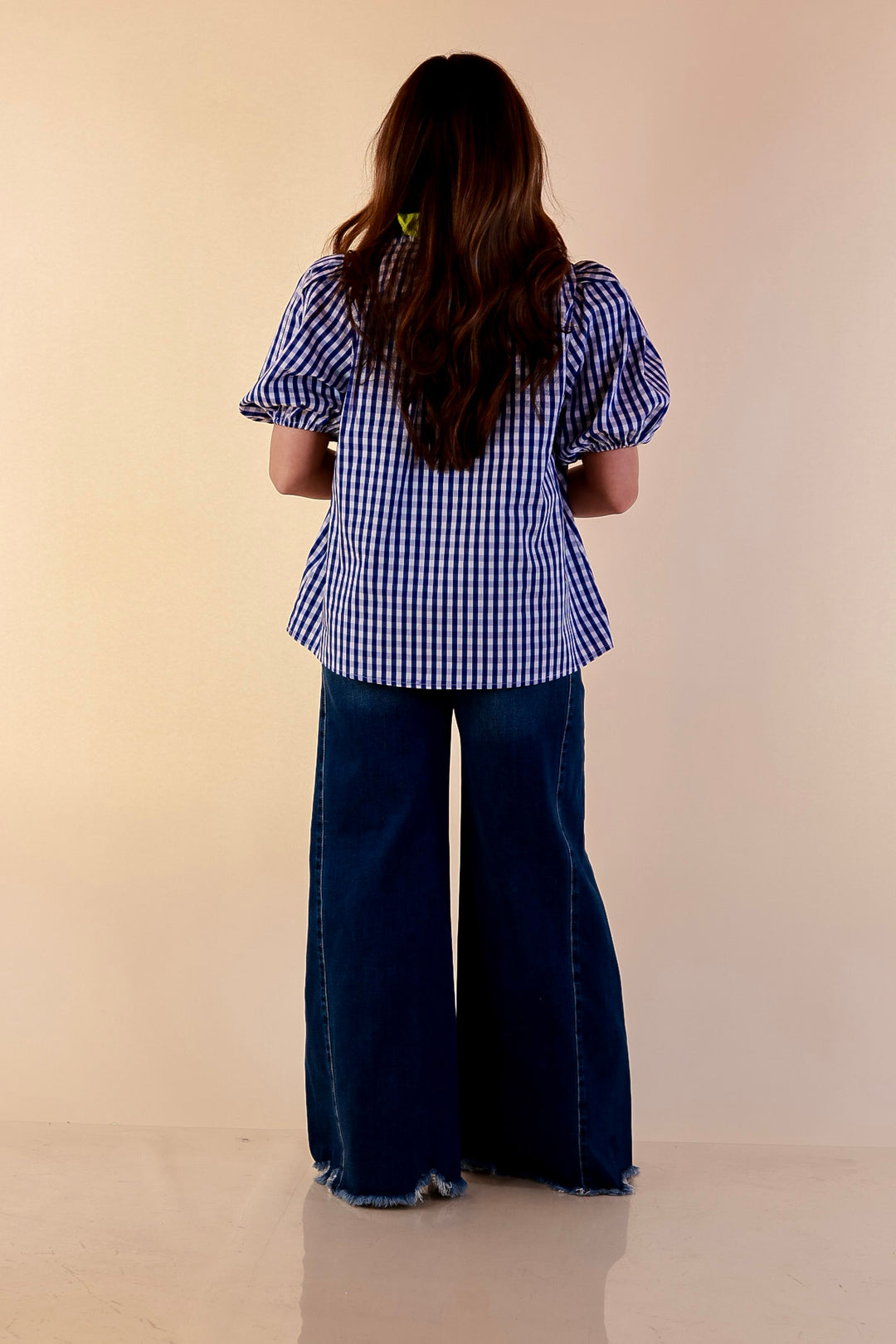 Polished &amp; Playful Short Puff Sleeve Gingham Top with Contrast Lime Green Trim in Royal Blue and White