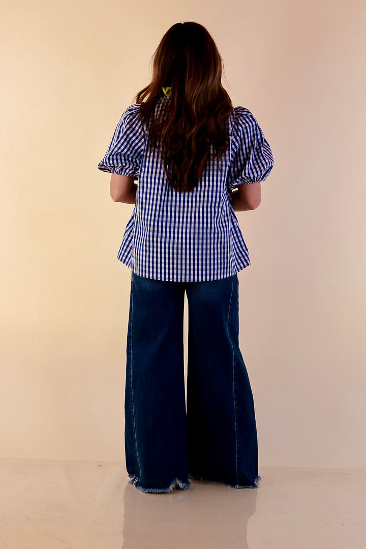 Polished &amp; Playful Short Puff Sleeve Gingham Top with Contrast Lime Green Trim in Royal Blue and White