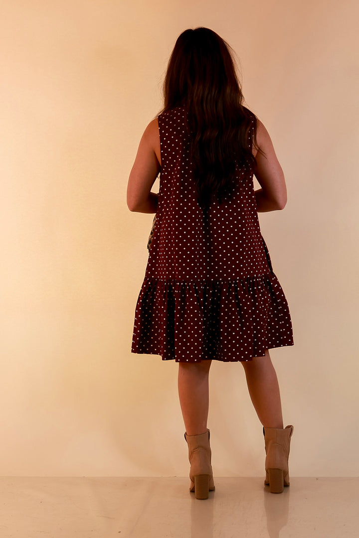 Sweet Spot Denim Polka Dot Bow Neck Tie Button Front Drop Waist Dress in Maroon