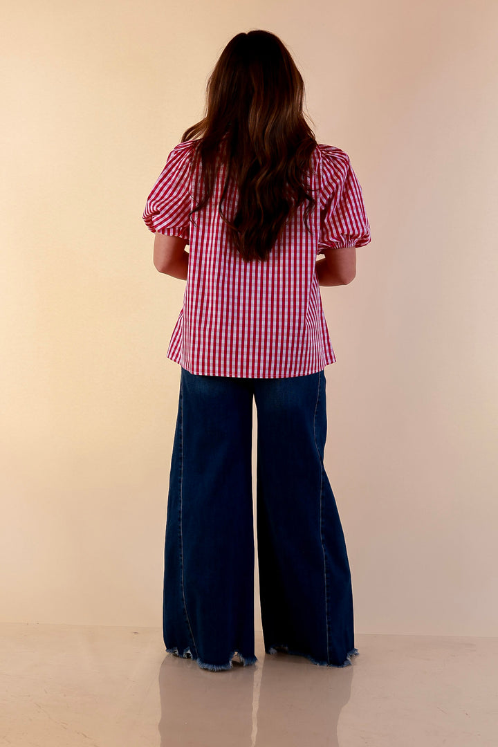 Polished &amp; Playful Short Puff Sleeve Gingham Top with Contrast Green Trim in Hot Pink and White