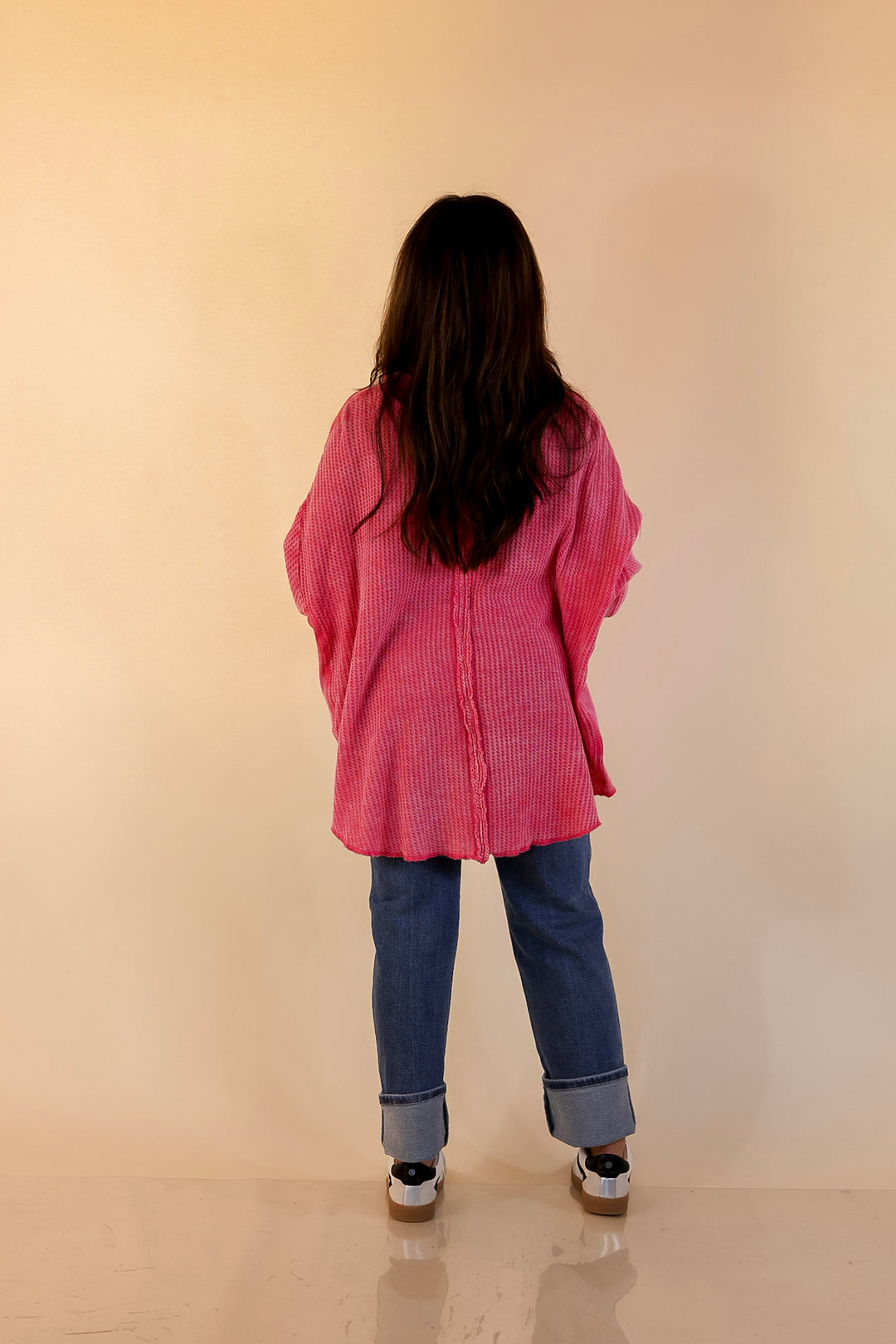 On the Move Long Sleeve Waffle Knit Button Up Shacket in Pink