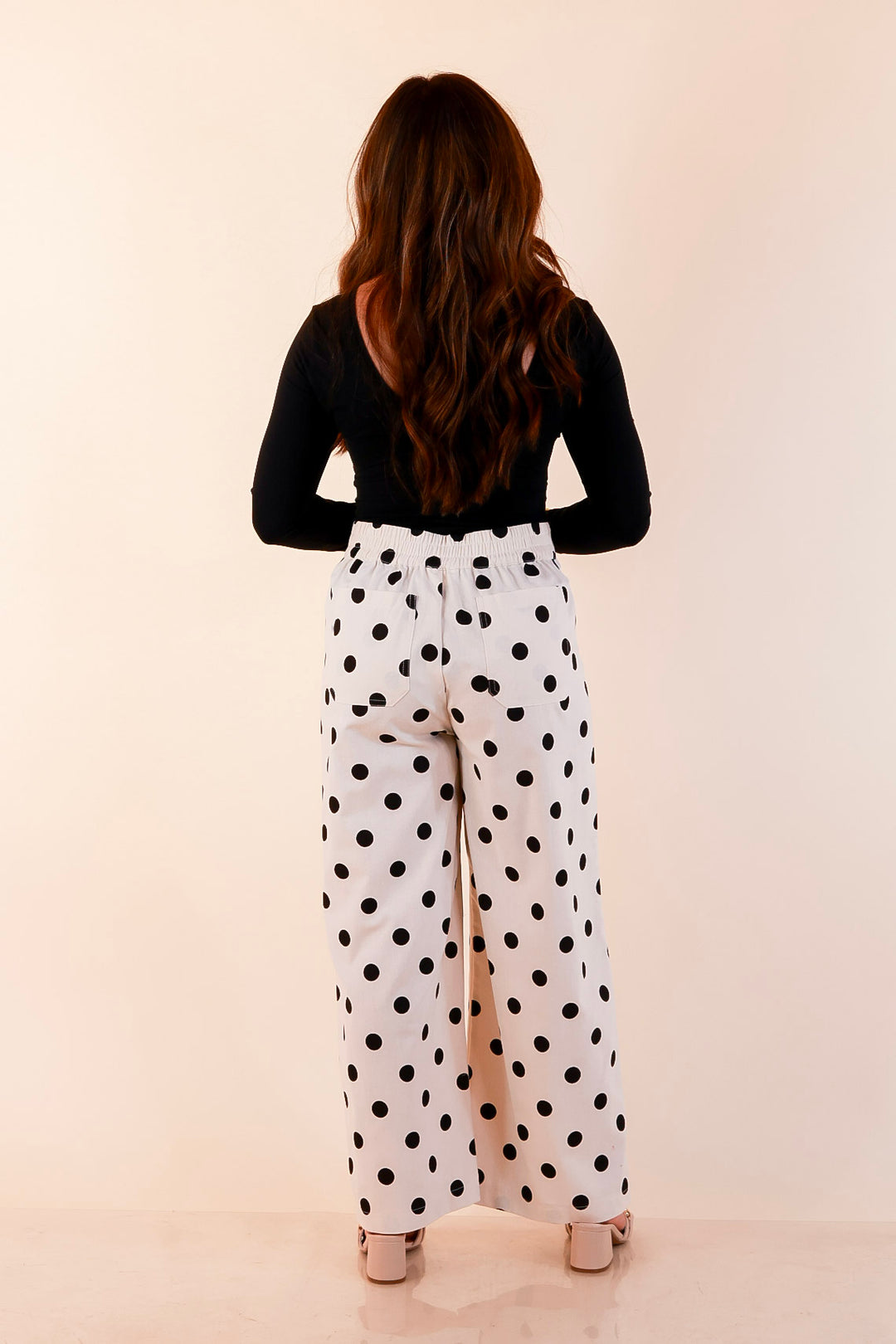 Spot on Style Wide Leg Black Polka Dot Print Pant with Front Patch Pocket in Cream
