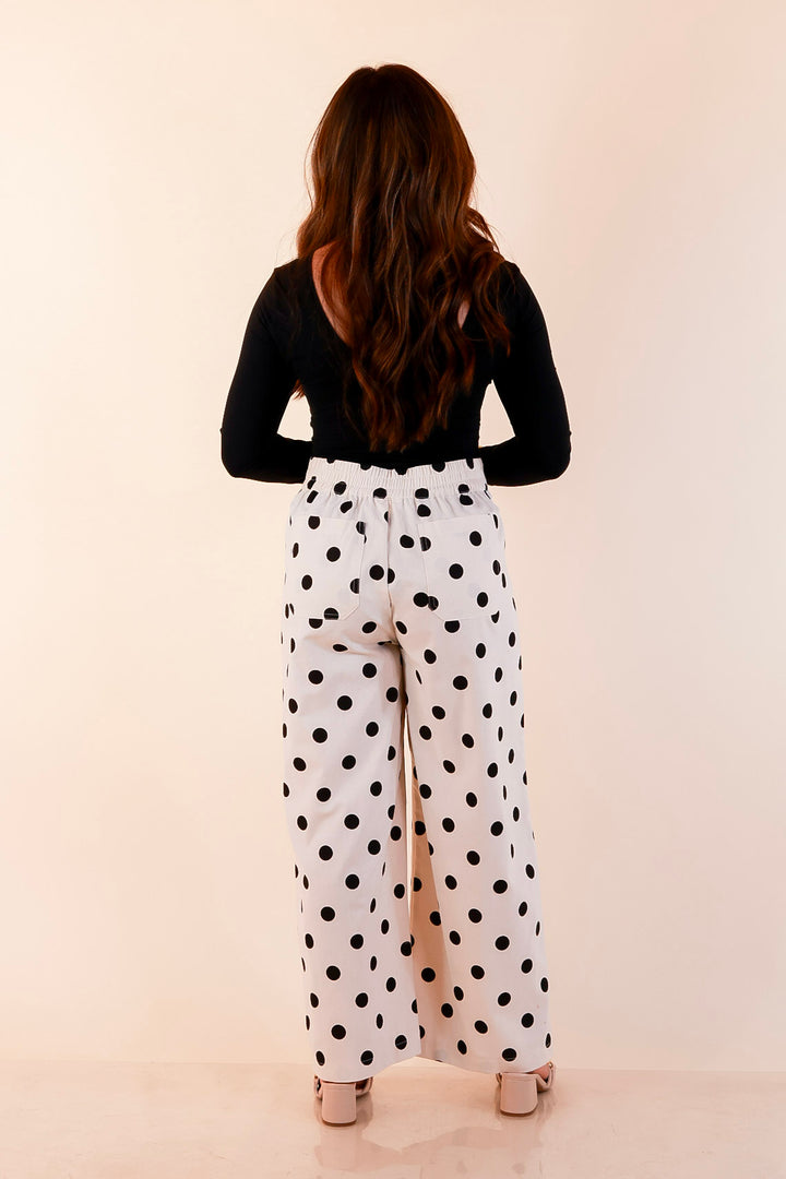 Spot on Style Wide Leg Black Polka Dot Print Pant with Front Patch Pocket in Cream