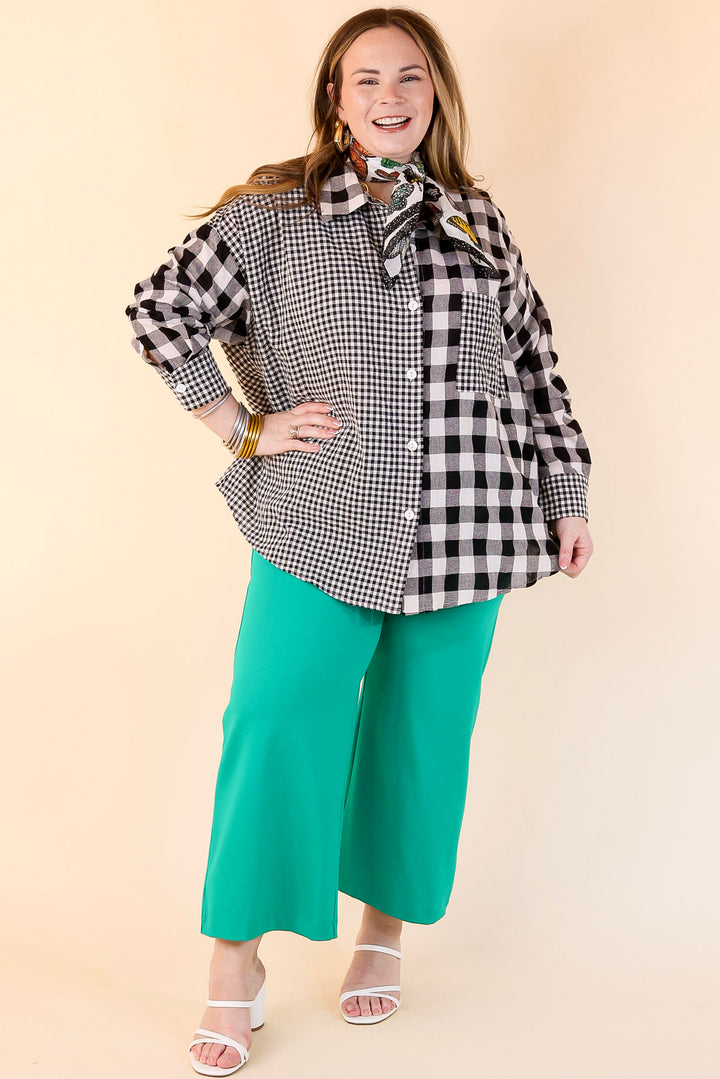 Waiting For You Mix Plaid Button Up Top in Black