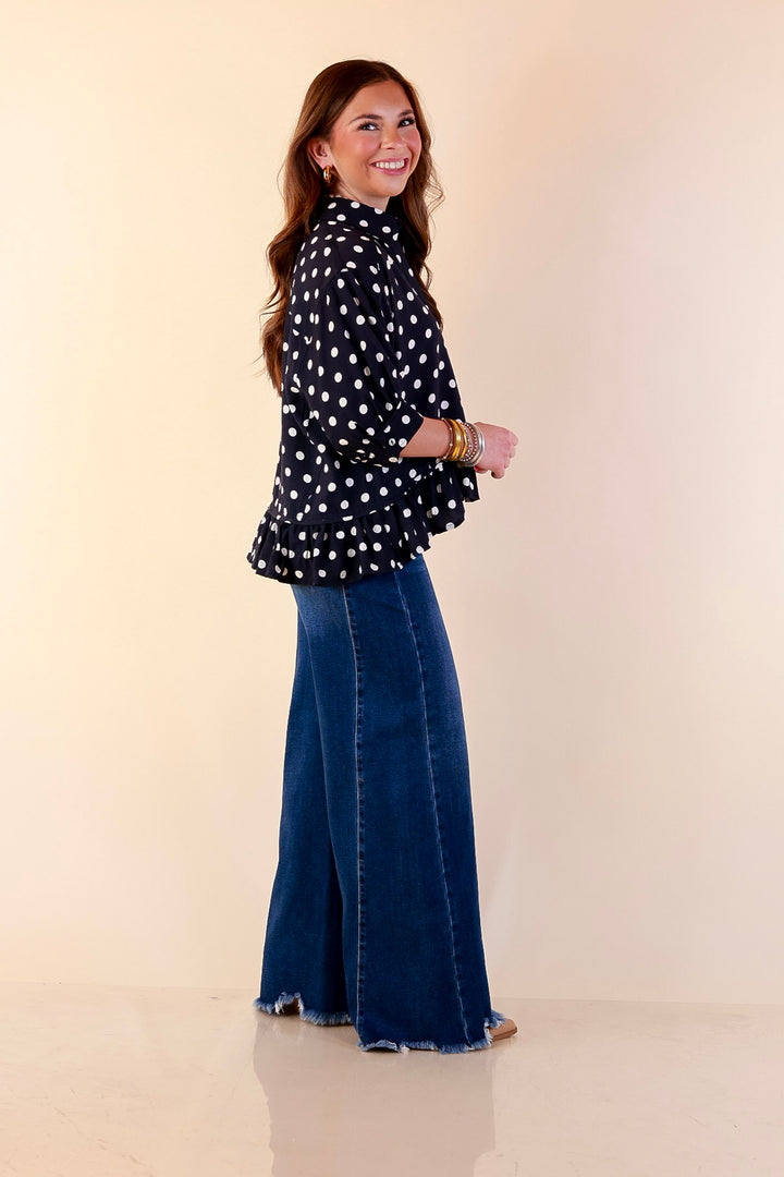 Style Agenda Button Down Peplum Top with Polka Dot Print in Navy Blue with Cream Dots