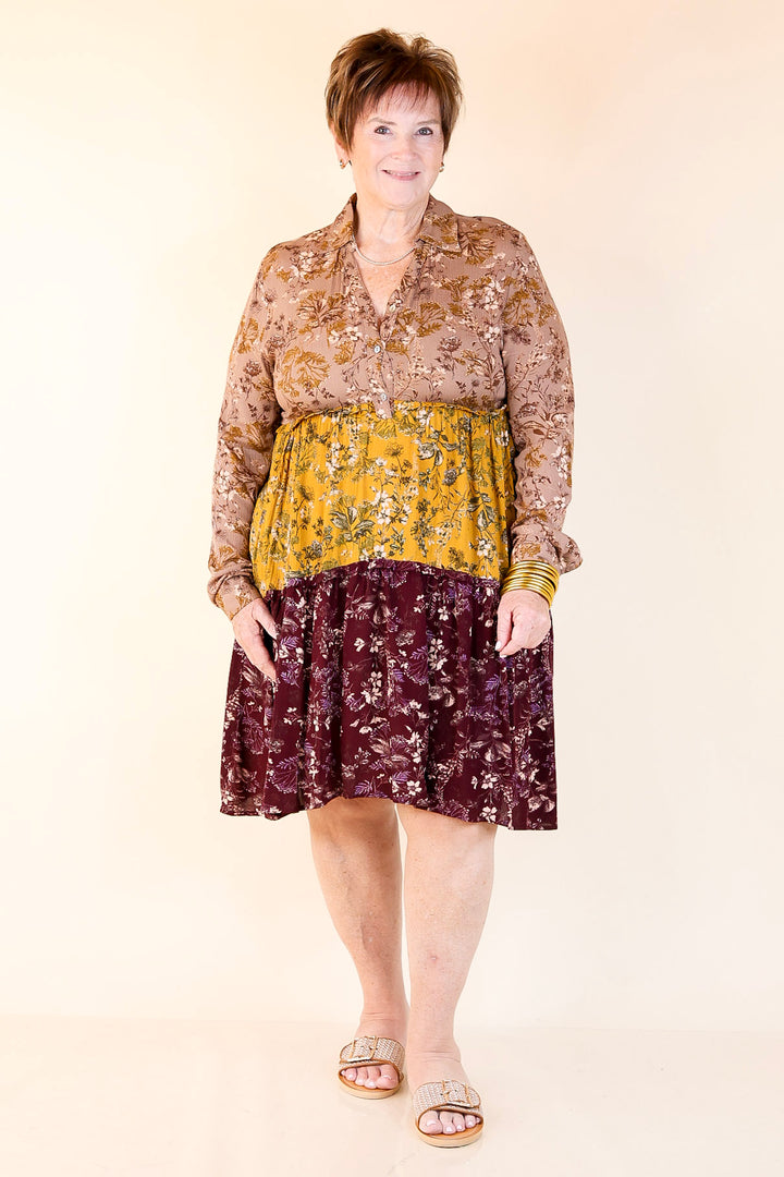 Among the Flowers Floral Ruffle Tier Long Sleeve Dress in Taupe, Mustard, and Burgundy
