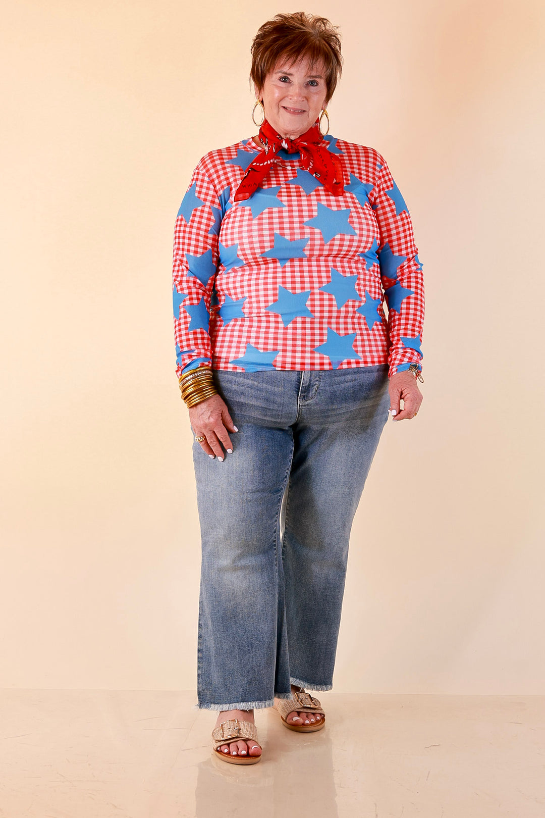 The Essential Layer Gingham and Star Print Sheer Mesh Long Sleeve Top in Red, White and Blue