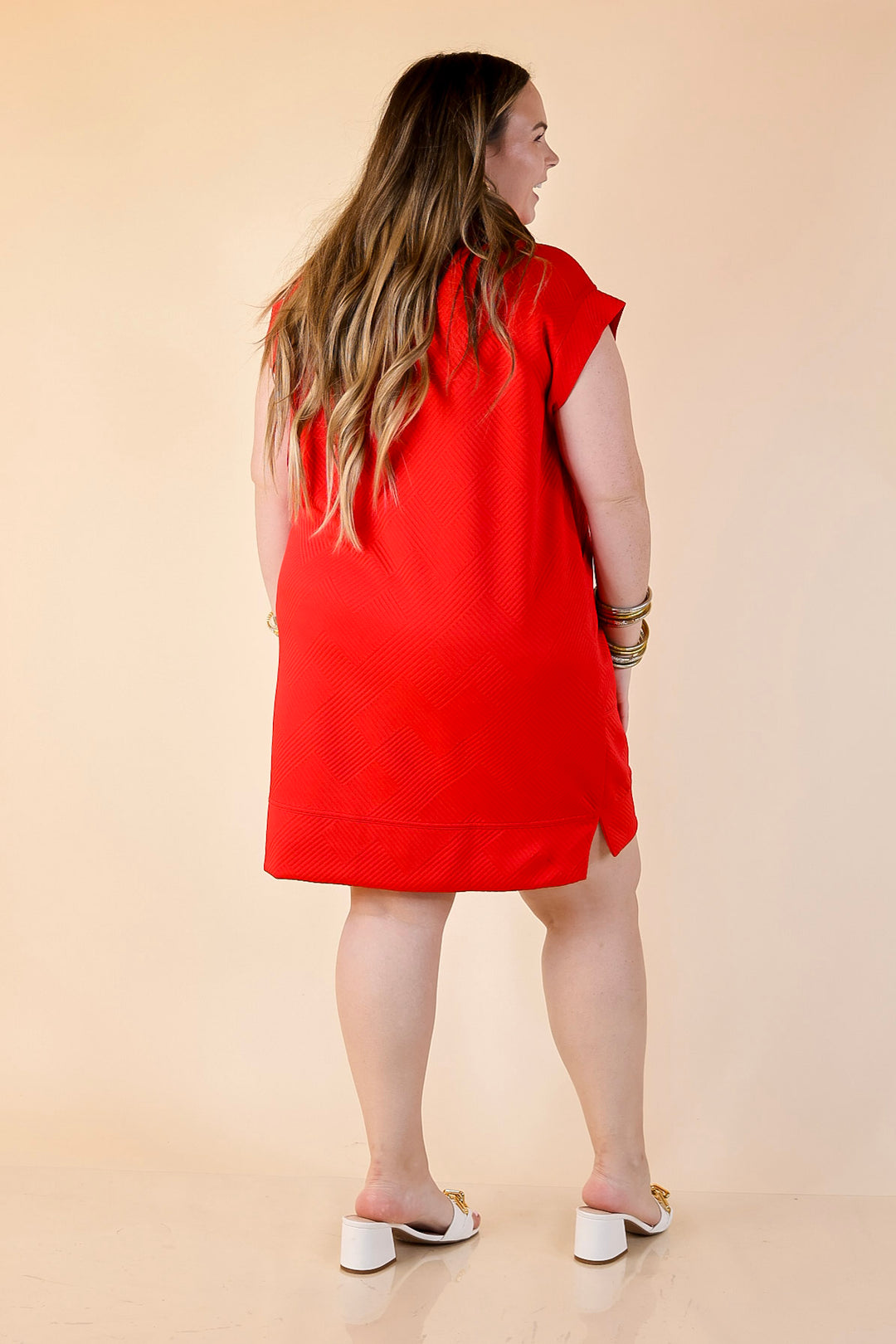 Modern Classic Cap Sleeve Dress with a Collar and Textured Detailing Dress in Red