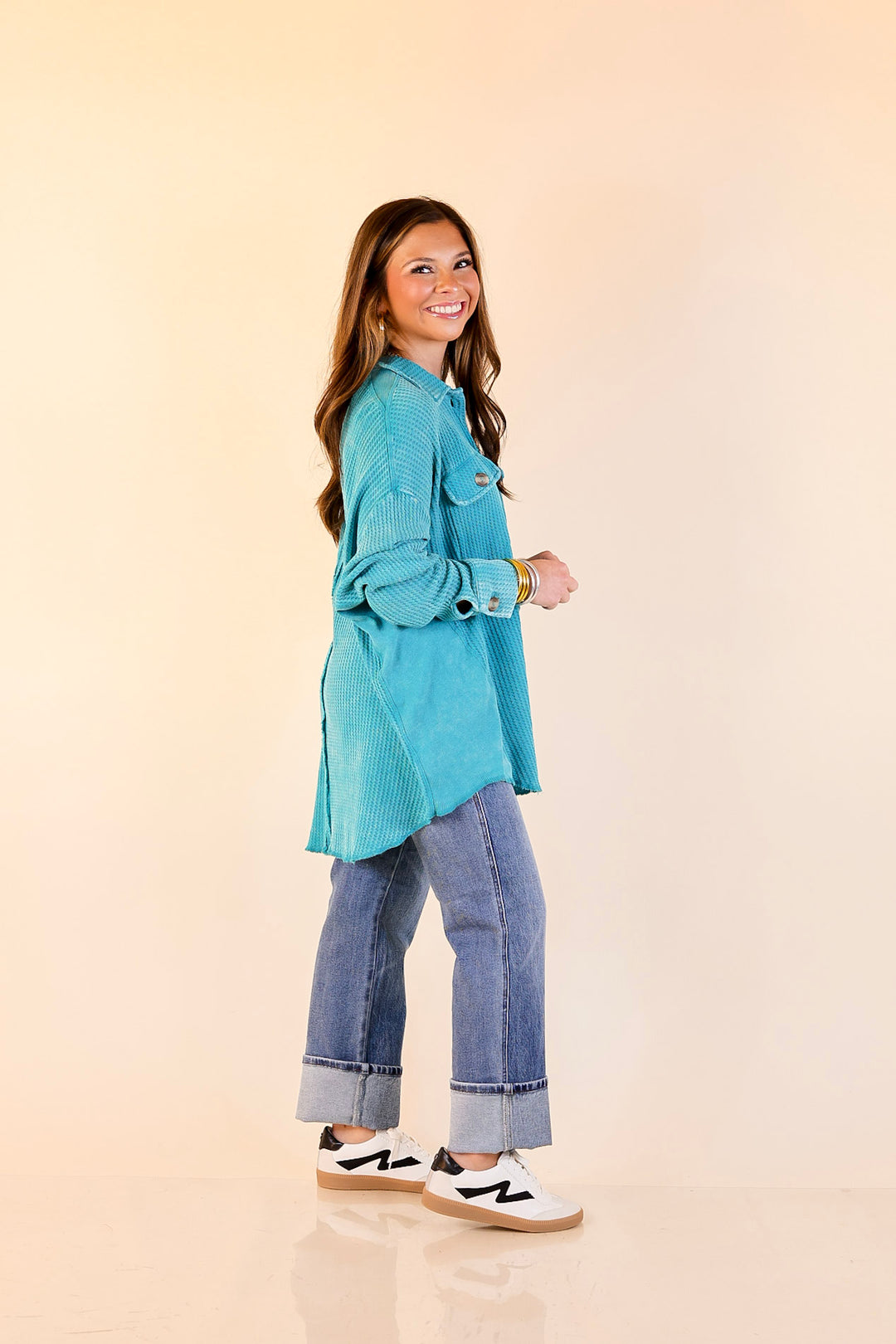 On the Move Long Sleeve Waffle Knit Button Up Shacket in Turquoise Blue
