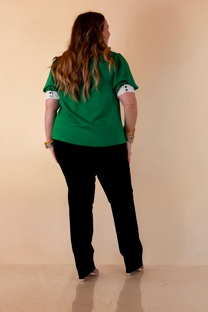 Confidently Yours Contrast Polka Dot Trim Puff Sleeve Top in Kelly Green