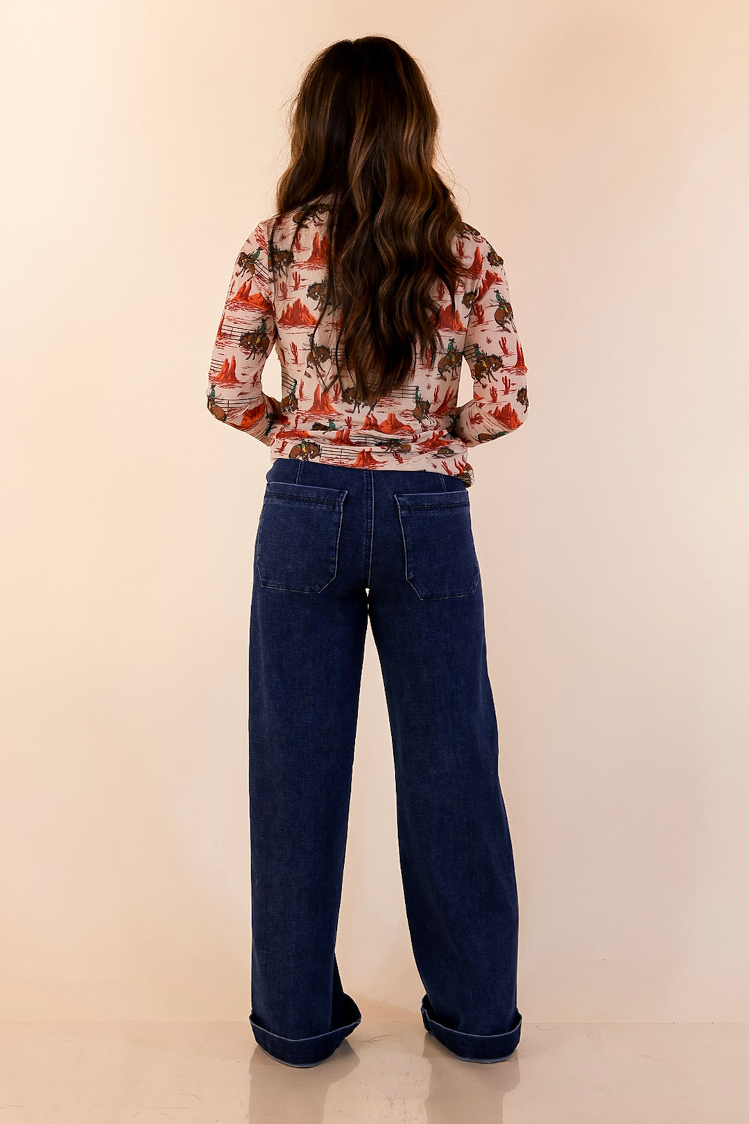 Sheer Confidence Western Red Rocks and Bronc Rider Mesh Long Sleeve Top in Cream