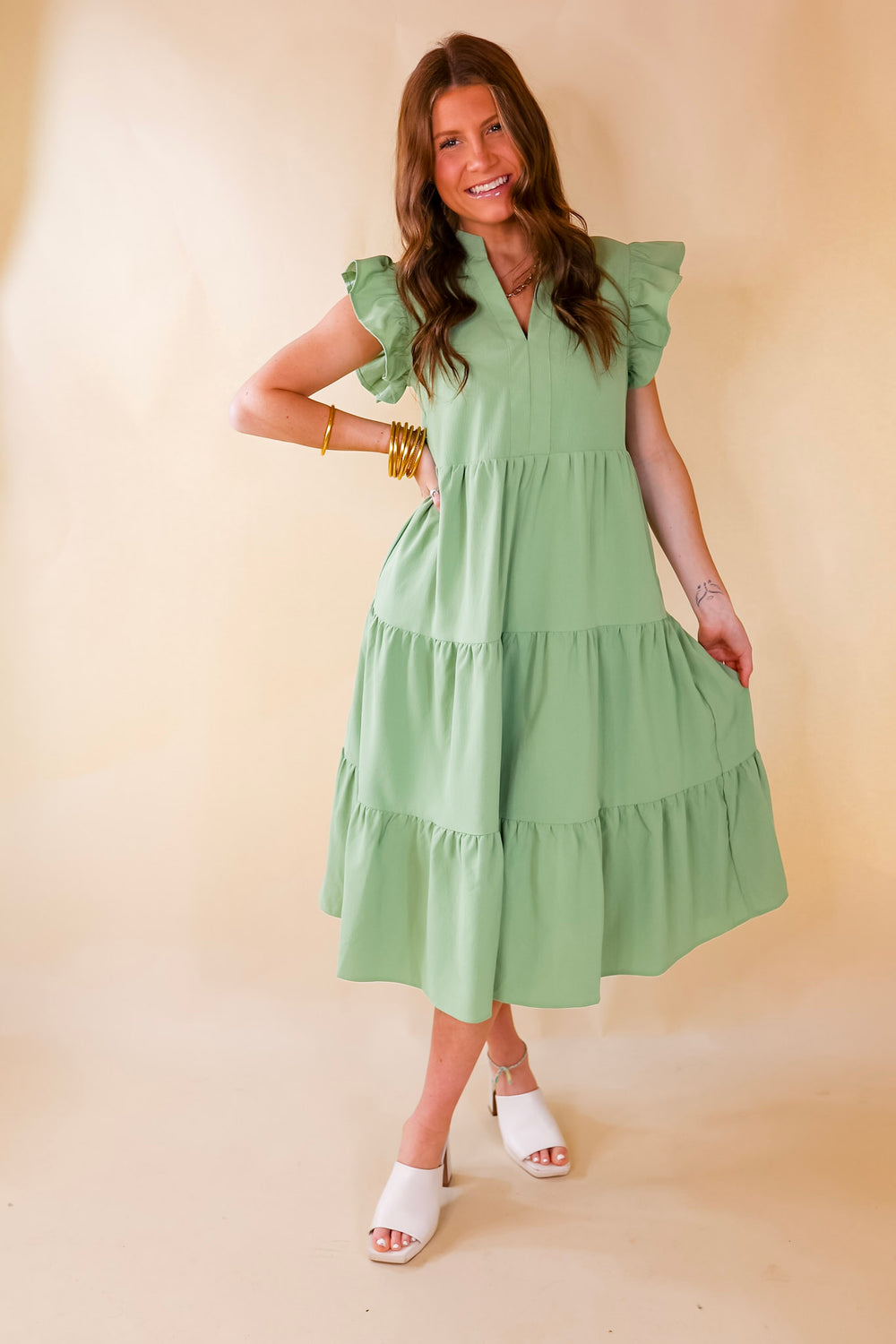 Magnolia Morning Ruffle Cap Sleeve Tiered Midi Dress in Sage Green - Giddy Up Glamour Boutique