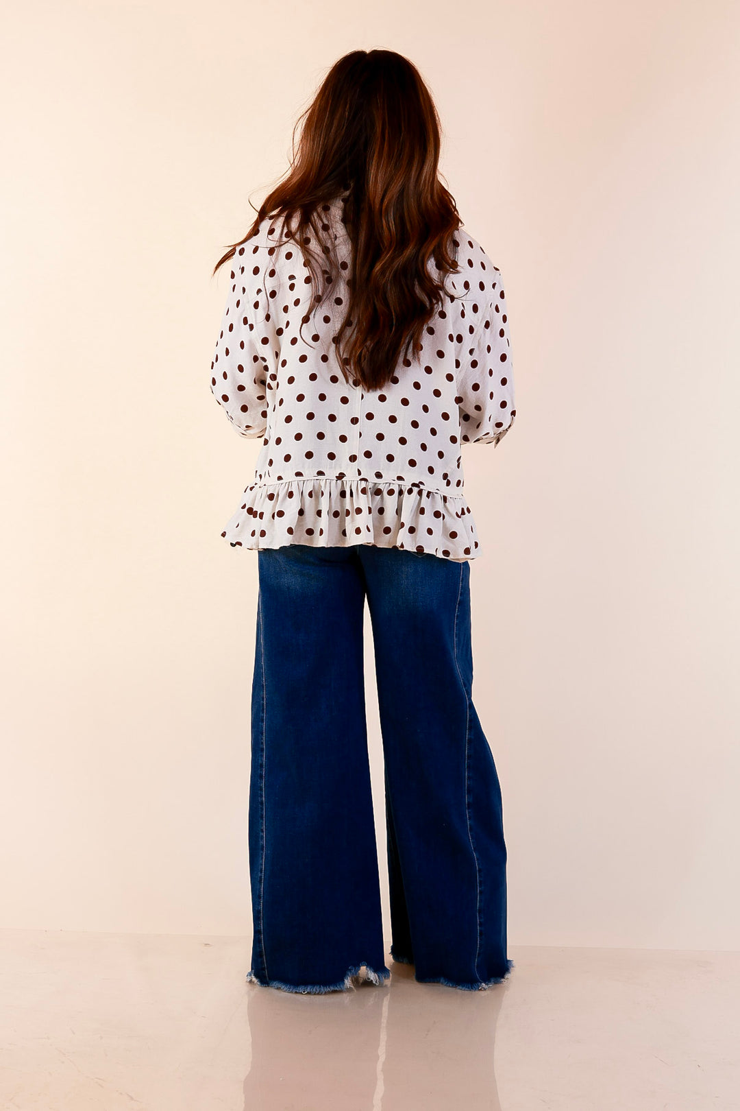 Style Agenda Button Down Peplum Top with Polka Dot Print in Cream and Chocolate Brown