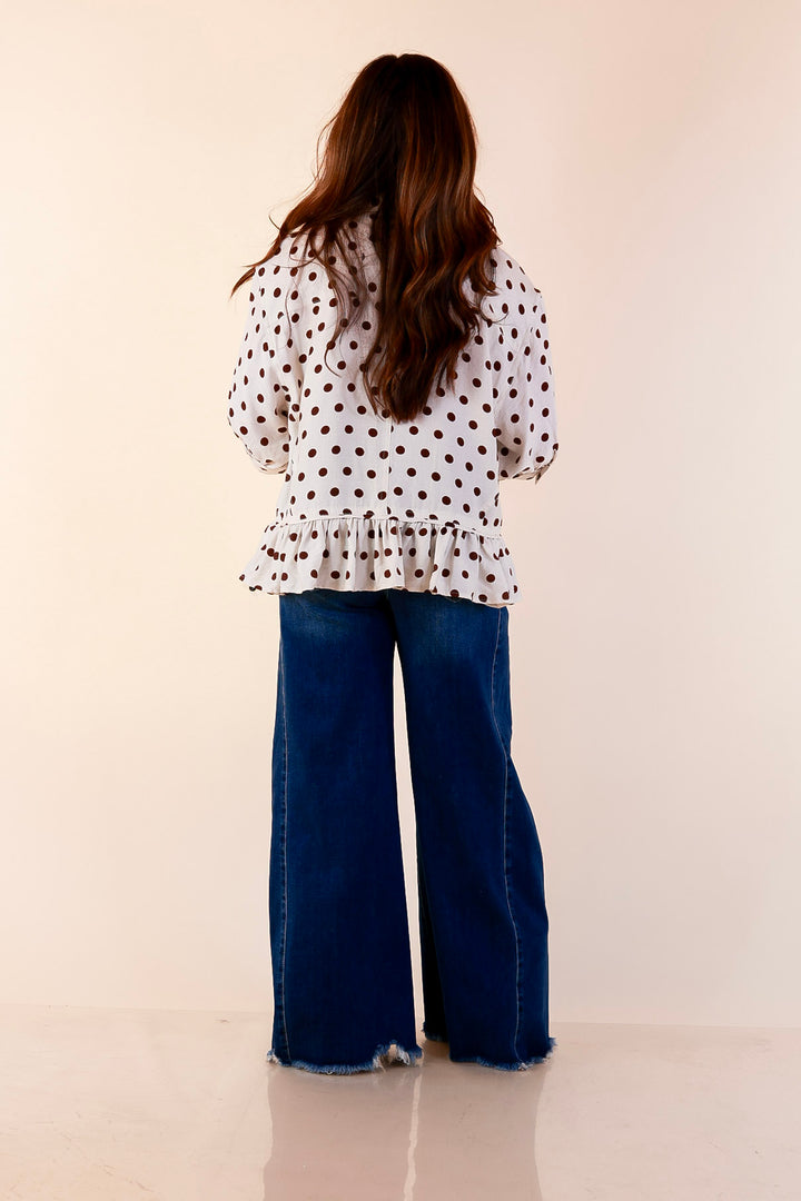 Style Agenda Button Down Peplum Top with Polka Dot Print in Cream and Chocolate Brown