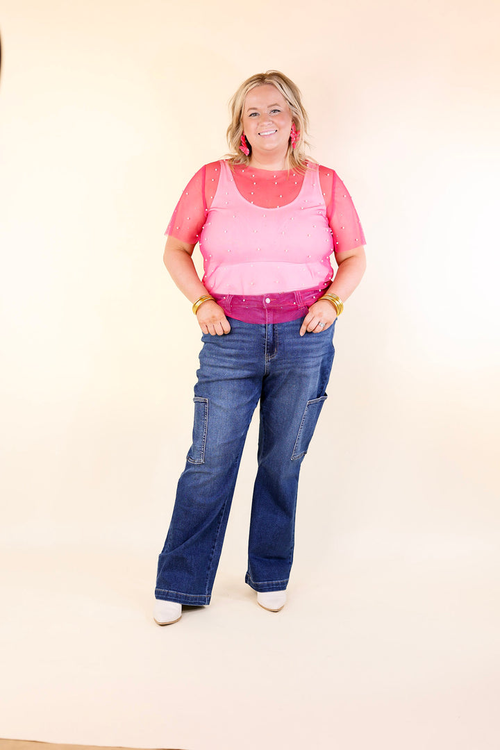 Shimmer in Style Mesh Short Sleeve Top with Pearls and Rhinestones in Hot Pink