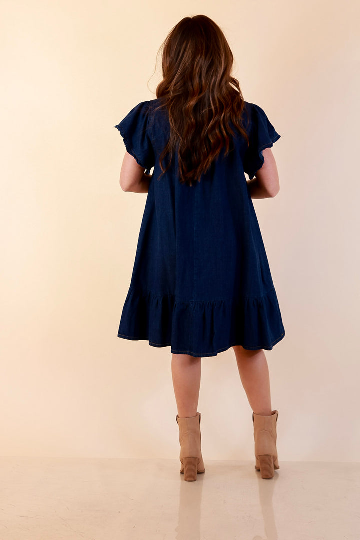 Day to Day Denim Smocked Yoke Dress with Ruffle Front and Flutter Sleeves in Dark Wash