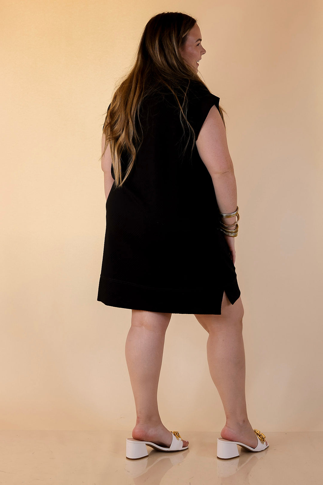 Modern Classic Cap Sleeve Dress with a Collar and Textured Detailing Dress in Black