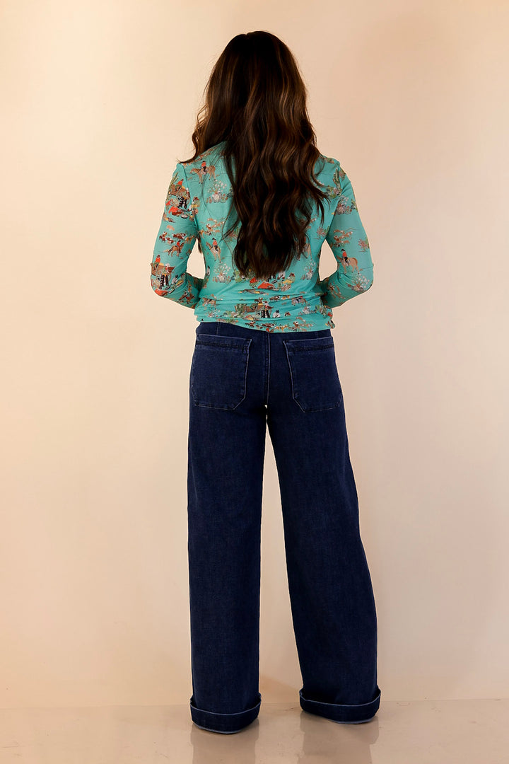 Western Dream Cowboy Cattle Drive Print Long Sleeve Mesh Top in Turquoise Blue