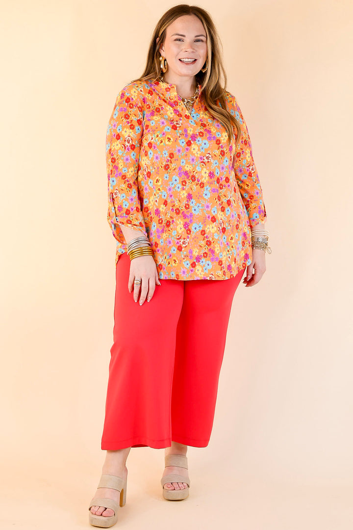 Urban Elegance Floral Print 3/4 Sleeve Tunic Top in Orange