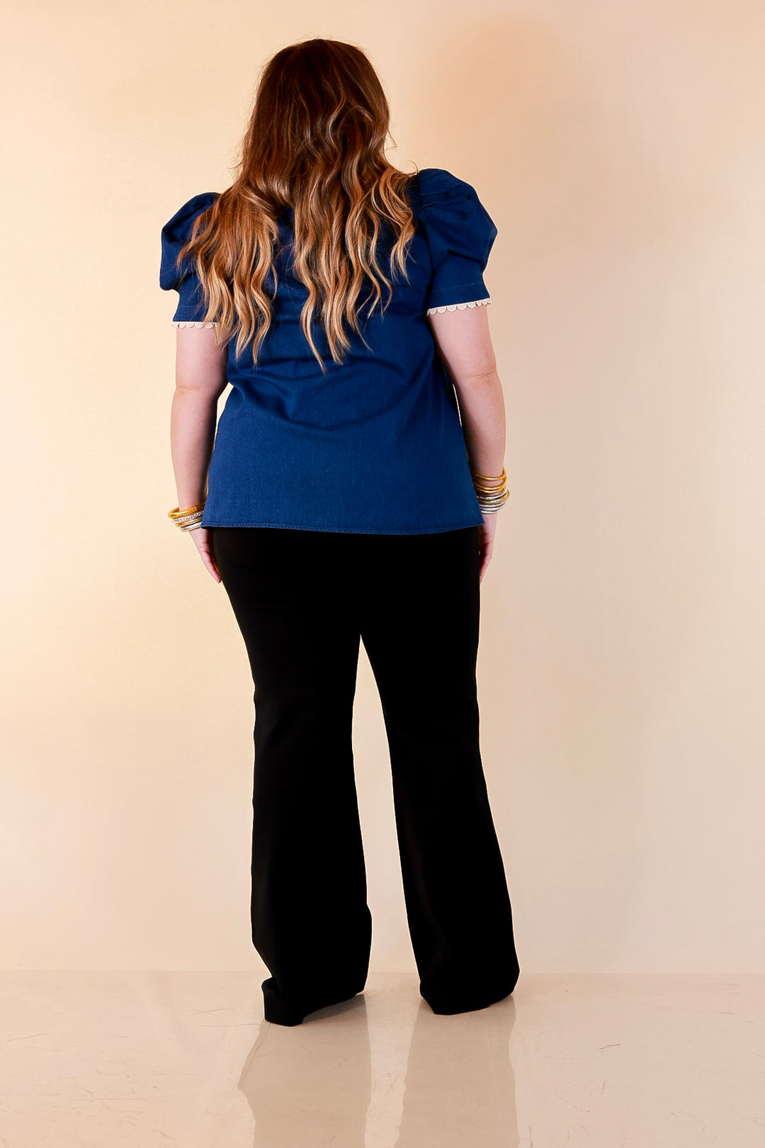 Chic in Command Contrast Leopard Print Trim with Ruffle Detailing Puff Sleeve Top in Denim