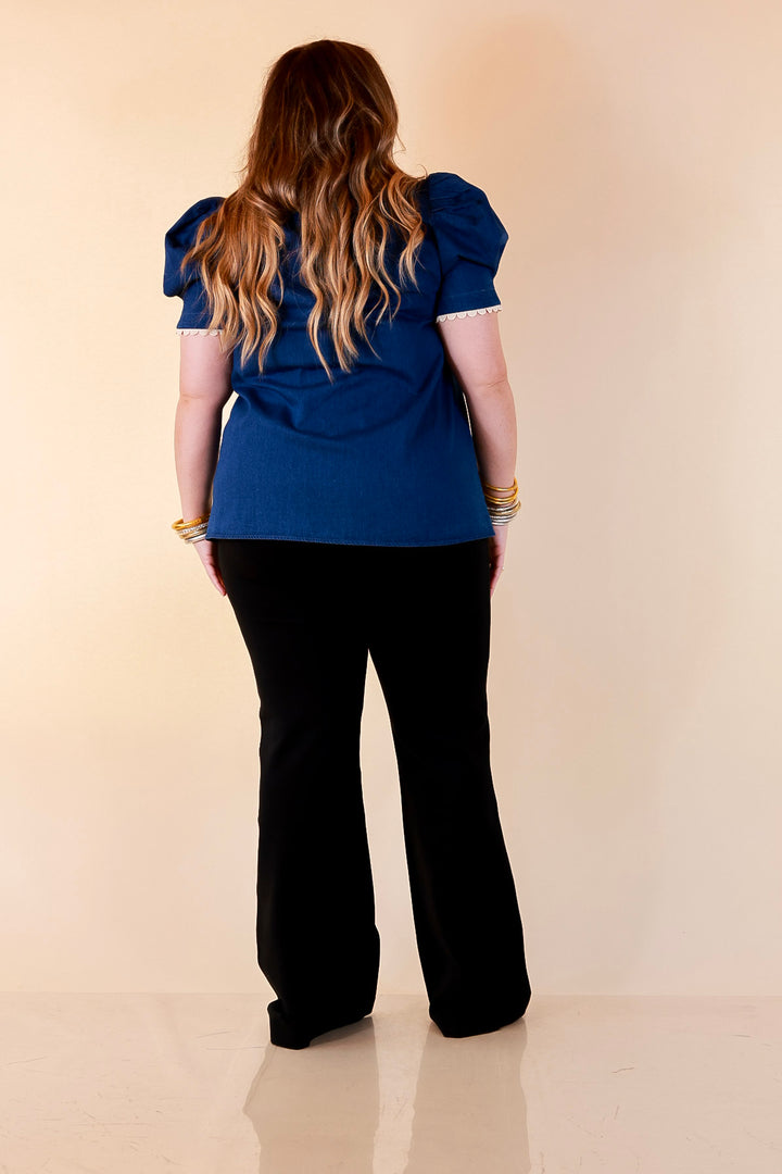 Chic in Command Contrast Leopard Print Trim with Ruffle Detailing Puff Sleeve Top in Denim