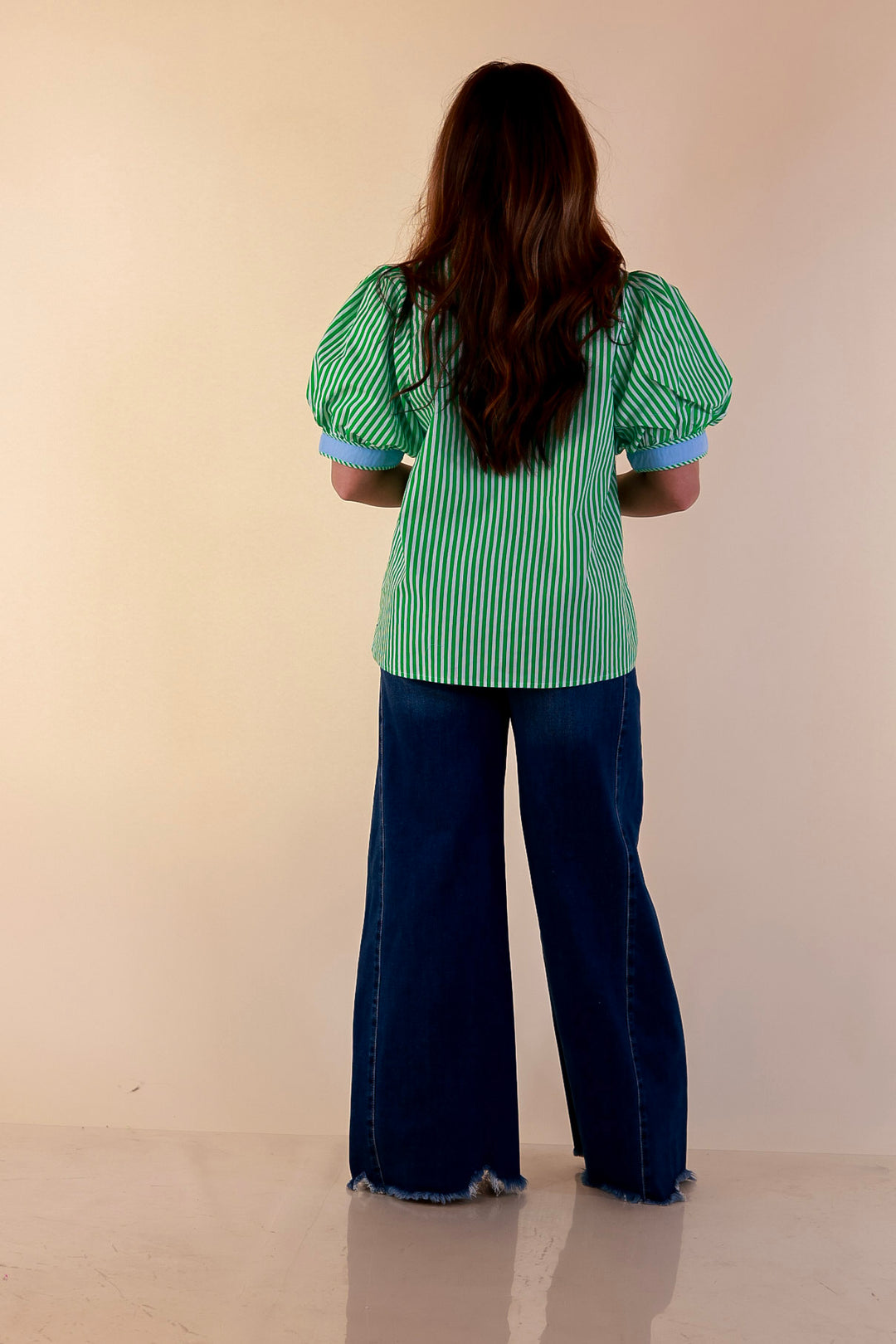 Pop of Polish Short Puff Sleeve Button Front Top with Contrast Trim in Kelly Green, White and Sky Blue