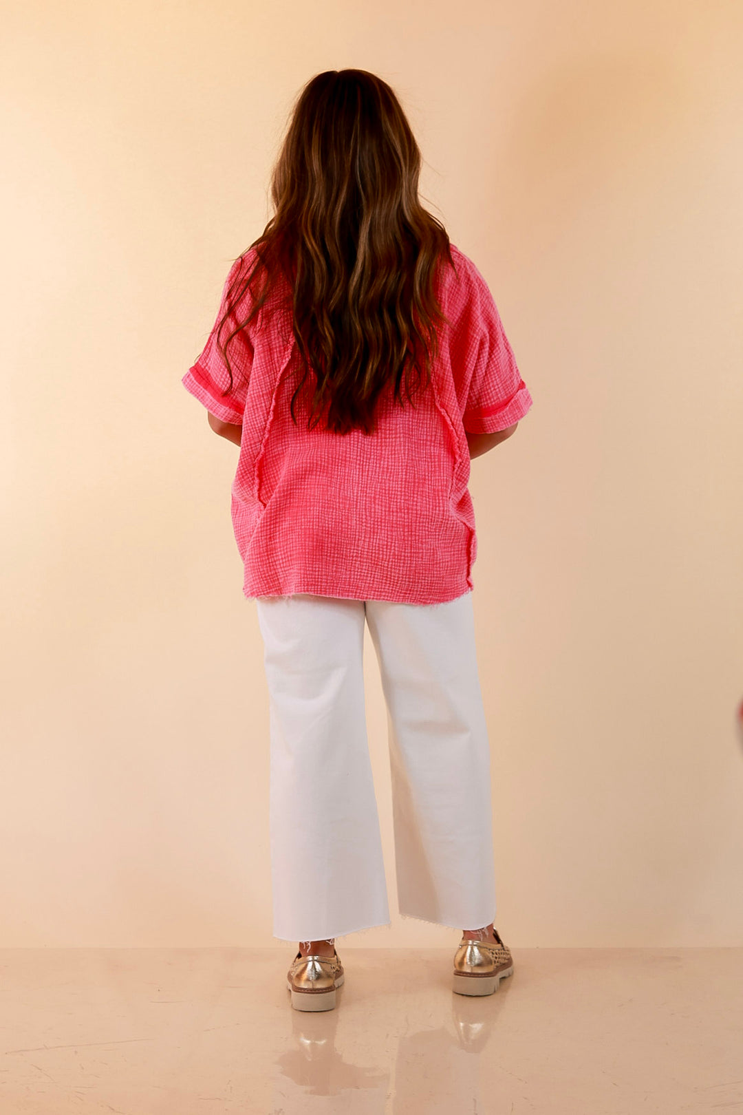 Everyday Ease Short Sleeve Linen Top with Raw Hem Edges in Hot Pink
