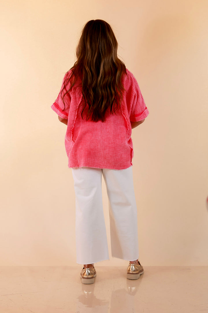 Everyday Ease Short Sleeve Linen Top with Raw Hem Edges in Hot Pink