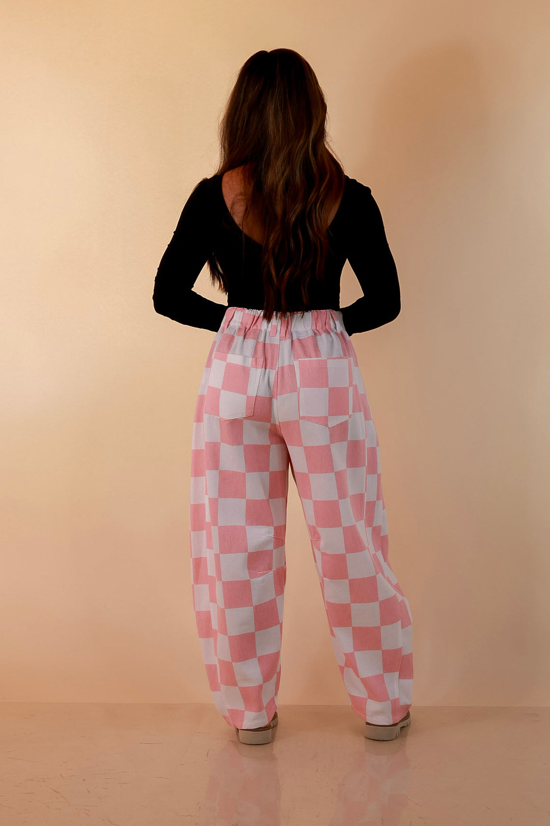 Check Me Out Wide Leg Checkered Print Barrel Denim Jean in Pink