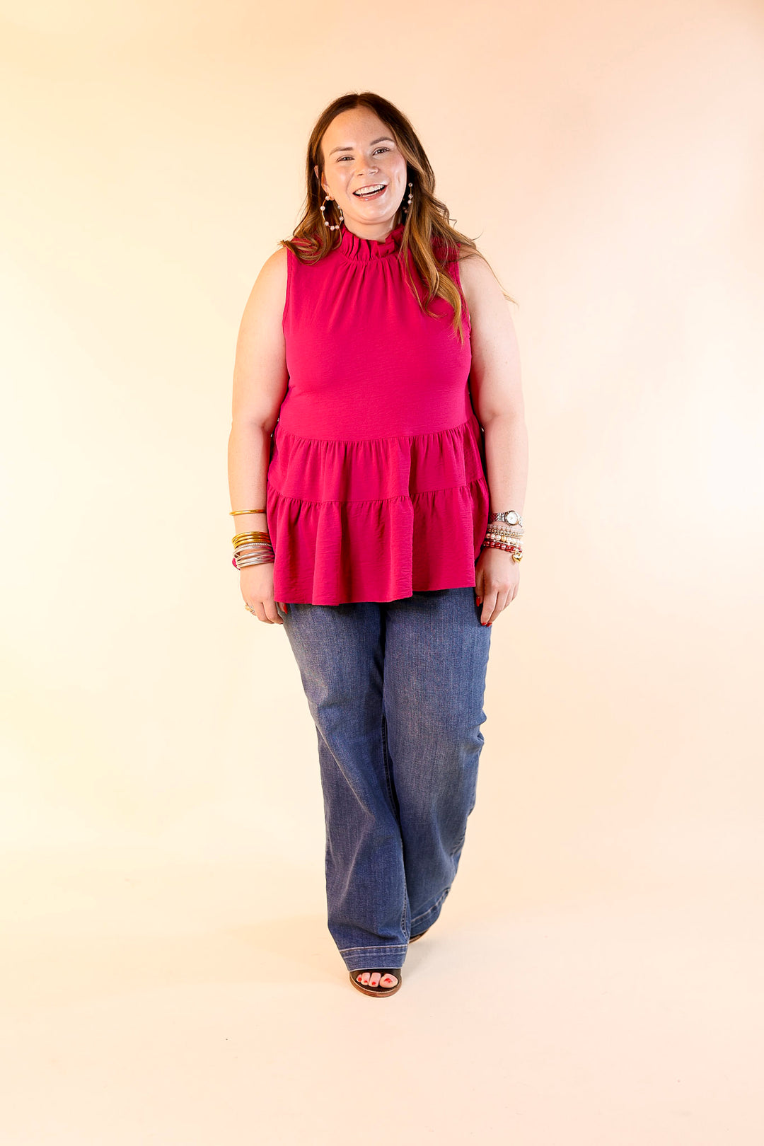 Days In the Sun High Neck Tiered Tank Top in Red Violet