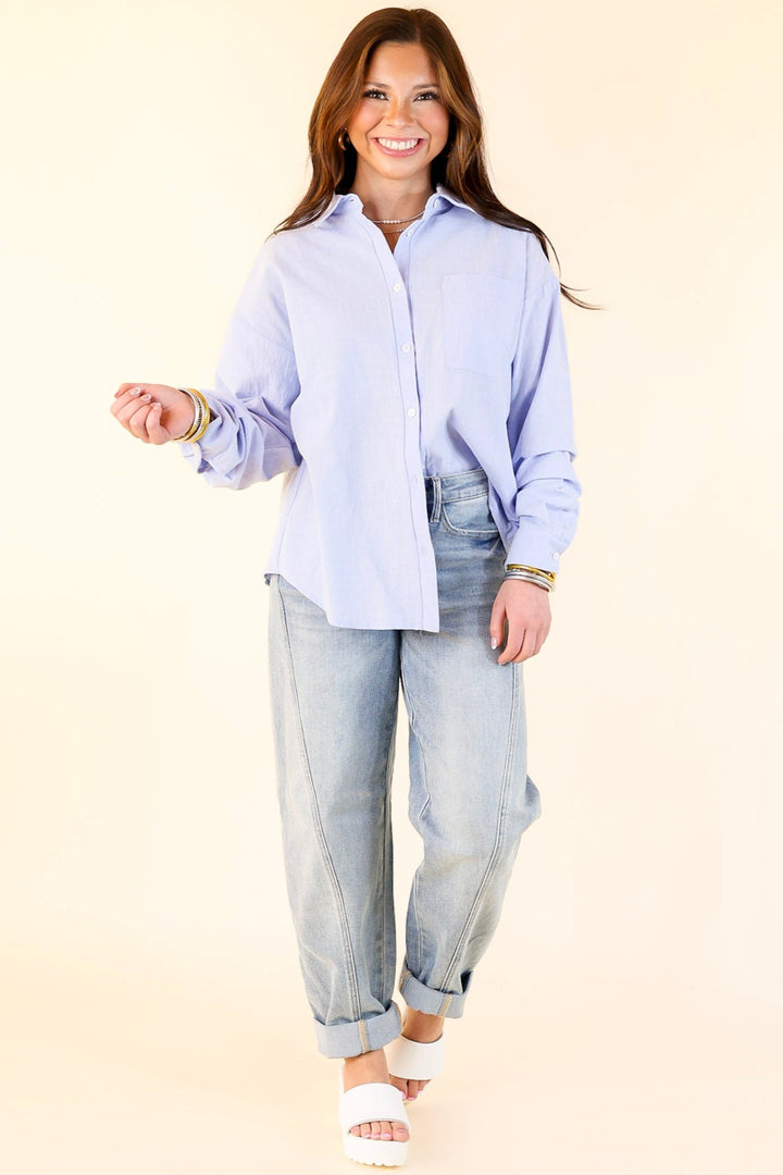 Don't Let Me Down Button Up Long Sleeve Top in Sky Blue