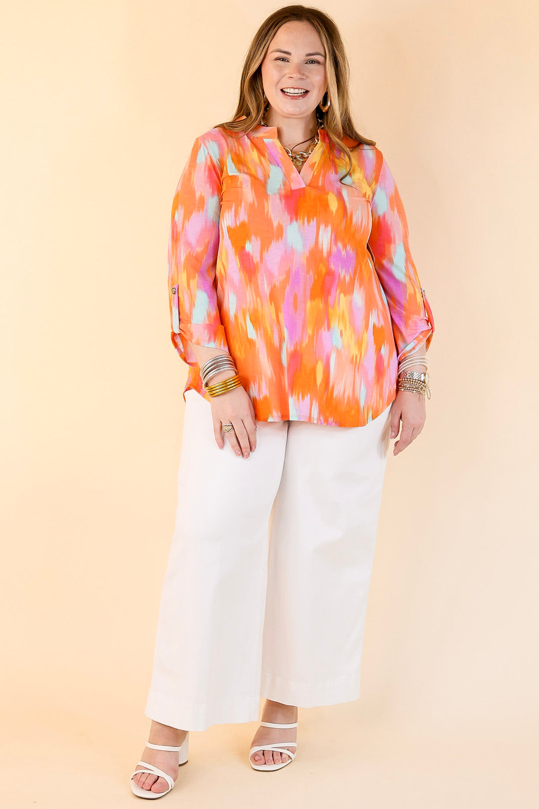 Urban Elegance Watercolor 3/4 Sleeve Tunic Top in Orange Mix