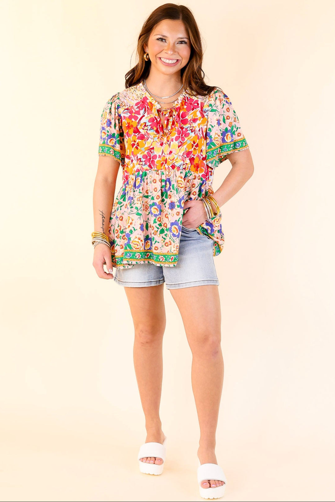 Tulip Fields Floral Print Babydoll Top in Pink Mix