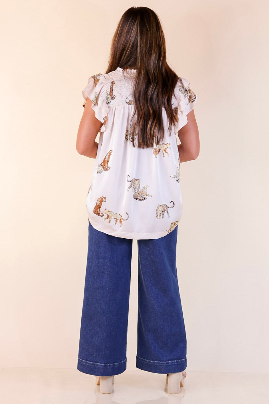 Wildly Sweet Leopard Print Blouse with Smoked Yoke and Ruffle Sleeves in Cream
