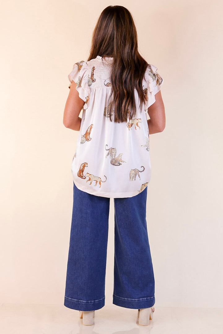 Wildly Sweet Leopard Print Blouse with Smoked Yoke and Ruffle Sleeves in Cream
