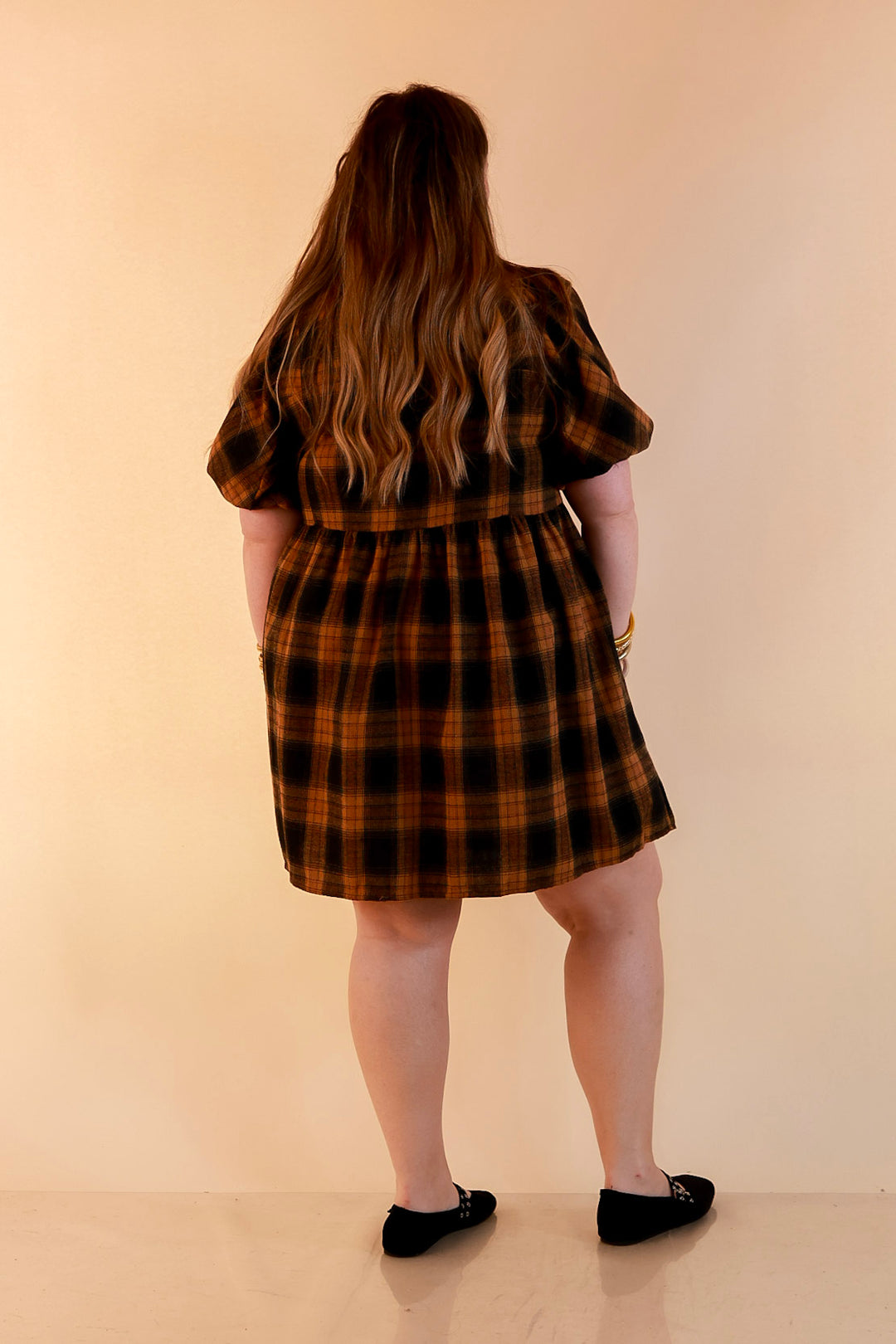Adventures Ahead Plaid Button Up Babydoll Dress in Camel Brown