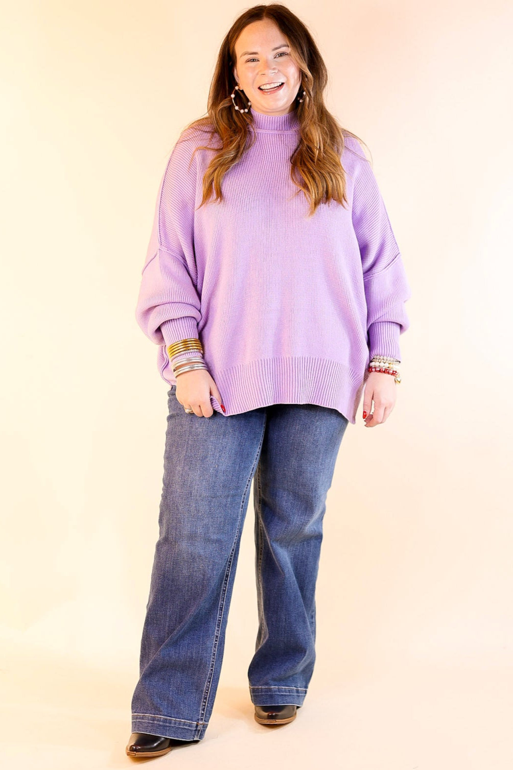 Snug and Stylish Mock Neck Sweater with Side Slit in Lavender Purple