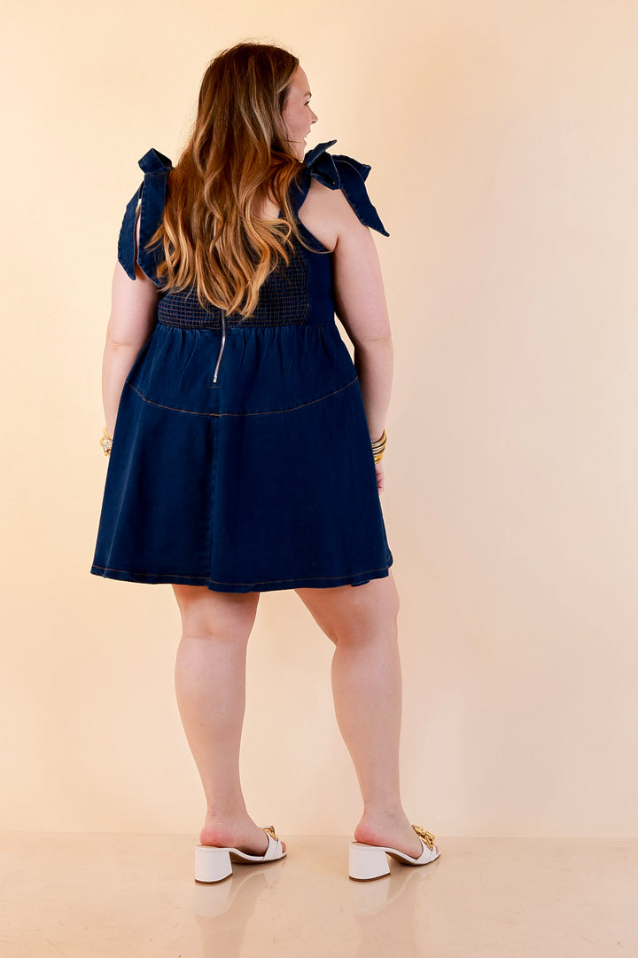 Denim Daydream Tie Shoulder Square Neck Tiered Corset Denim Mini Dress in Dark Wash