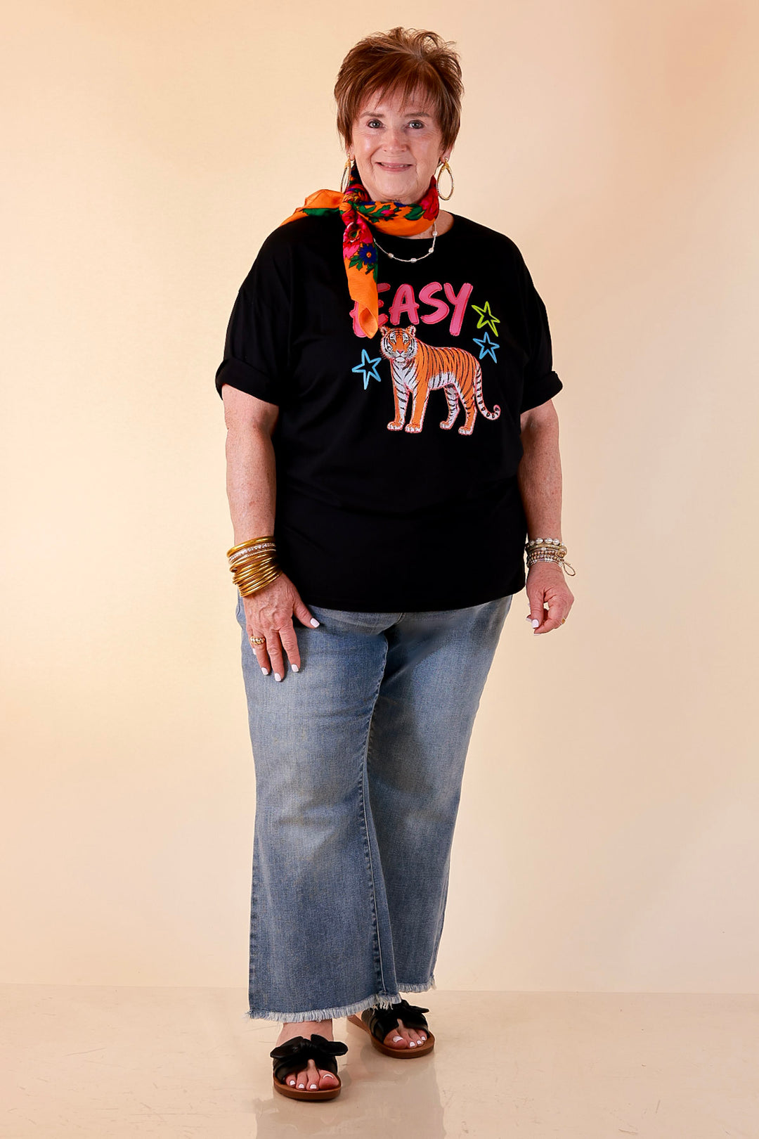 Wild Intentions "Easy" Tiger Print Short Sleeve Graphic Tee in Black