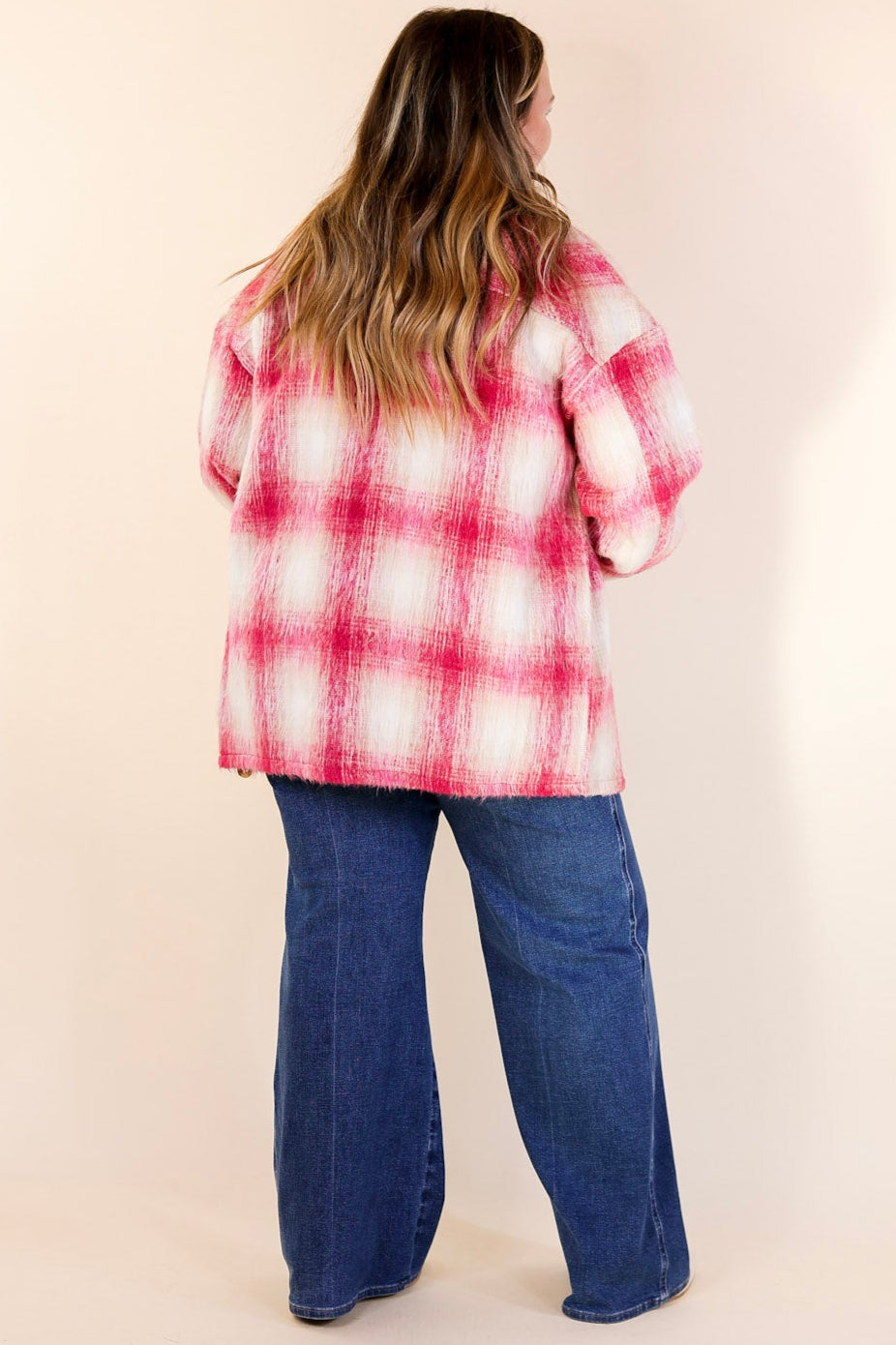 Mountain Retreat Plaid Fleece Jacket with Corduroy Trim in Pink