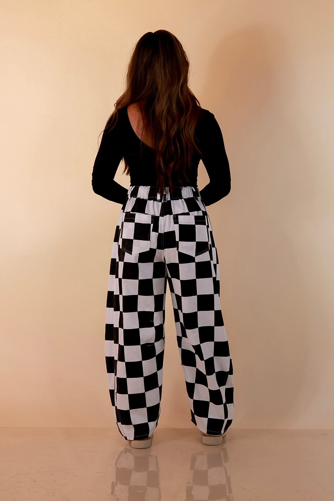 Check Me Out Wide Leg Checkered Print Barrel Denim Jean in Black