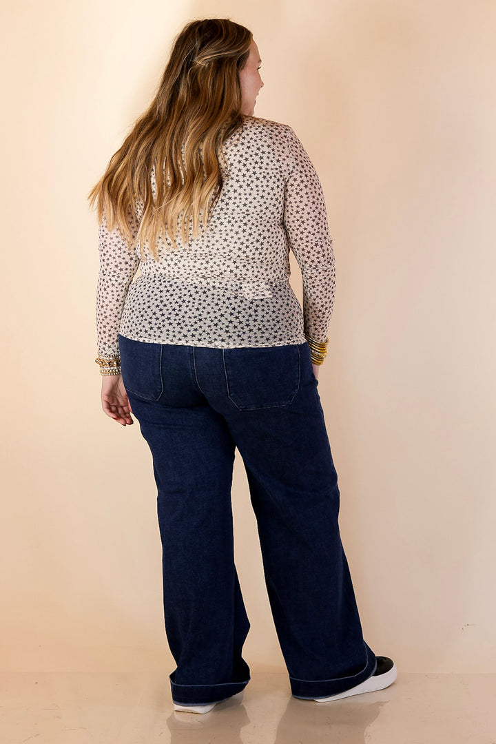 Western Dream Black Star Print Mesh Long Sleeve Top in Ivory