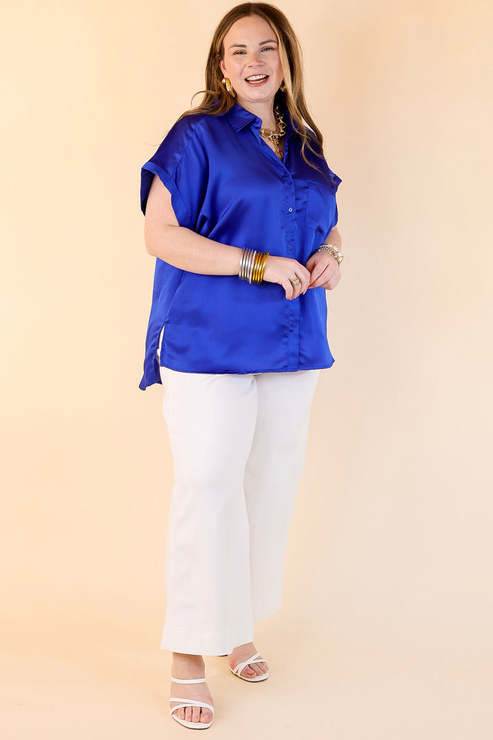 Free To Be Fab Button Up Short Sleeve Top in Royal Blue