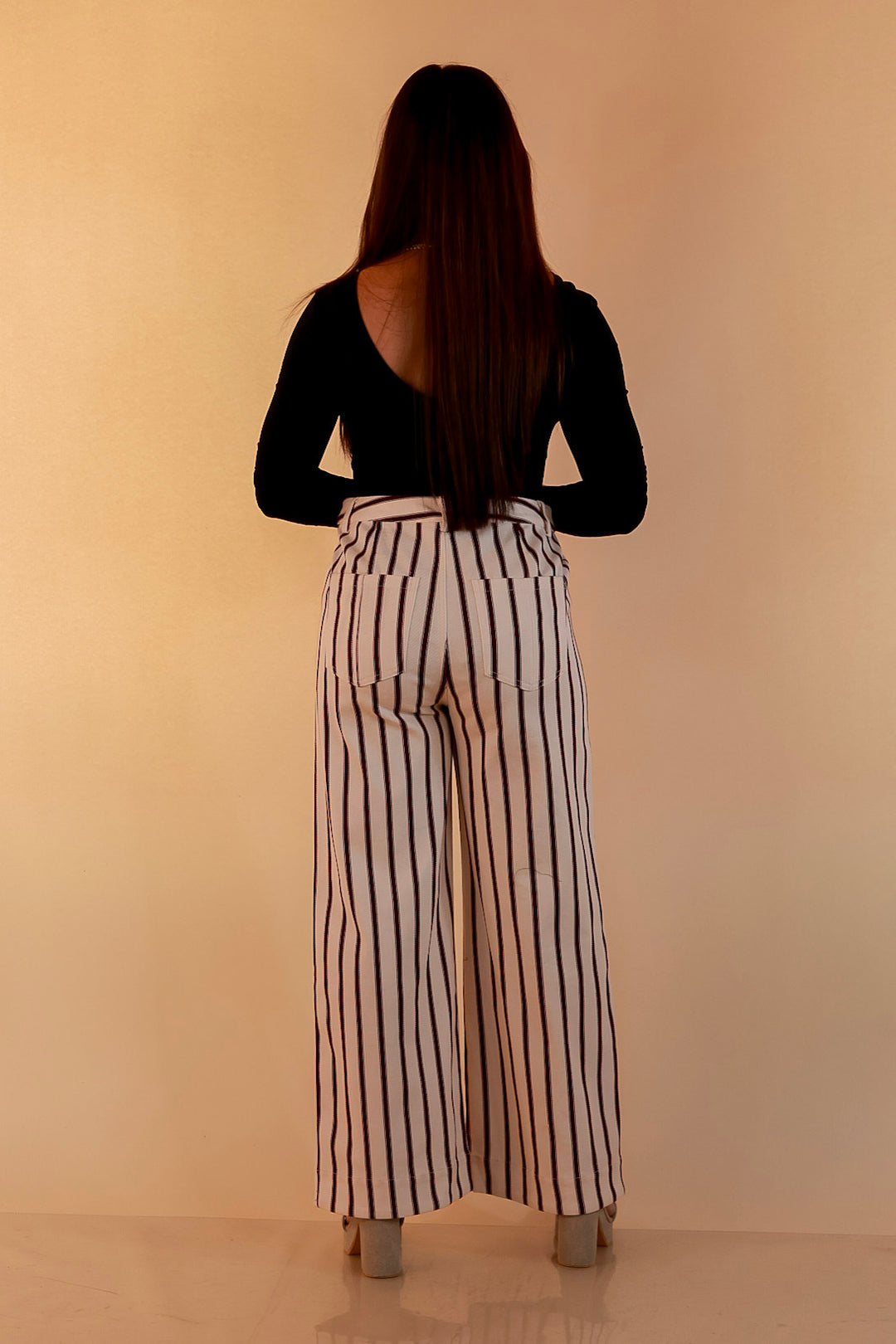 Fine Line Striped Wide Leg Denim Pants with Front Seam and Pockets in Ivory and Maroon
