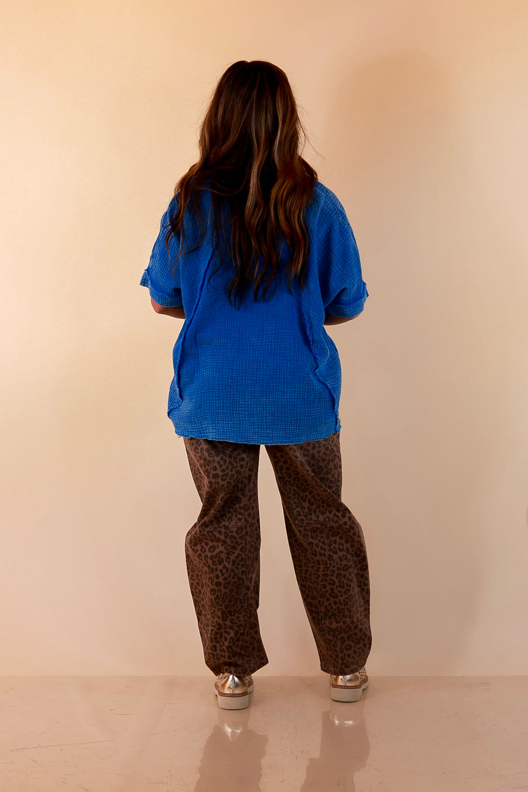 Everyday Ease Short Sleeve Linen Top with Raw Hem Edges in Ocean Blue