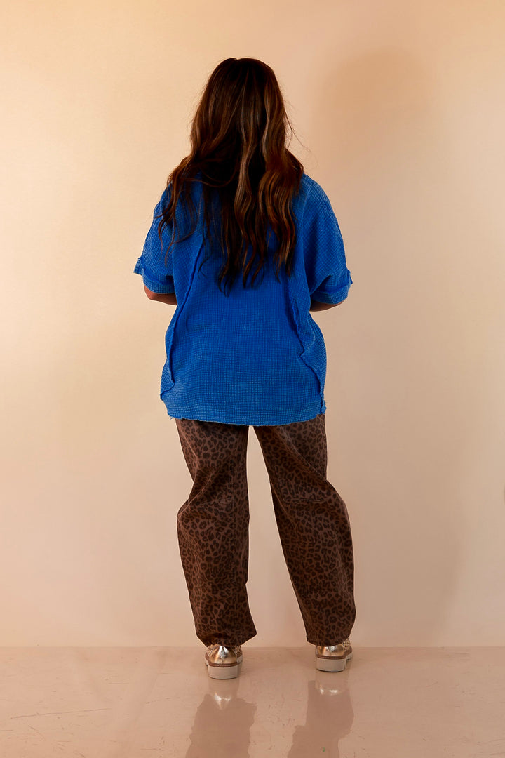 Everyday Ease Short Sleeve Linen Top with Raw Hem Edges in Ocean Blue