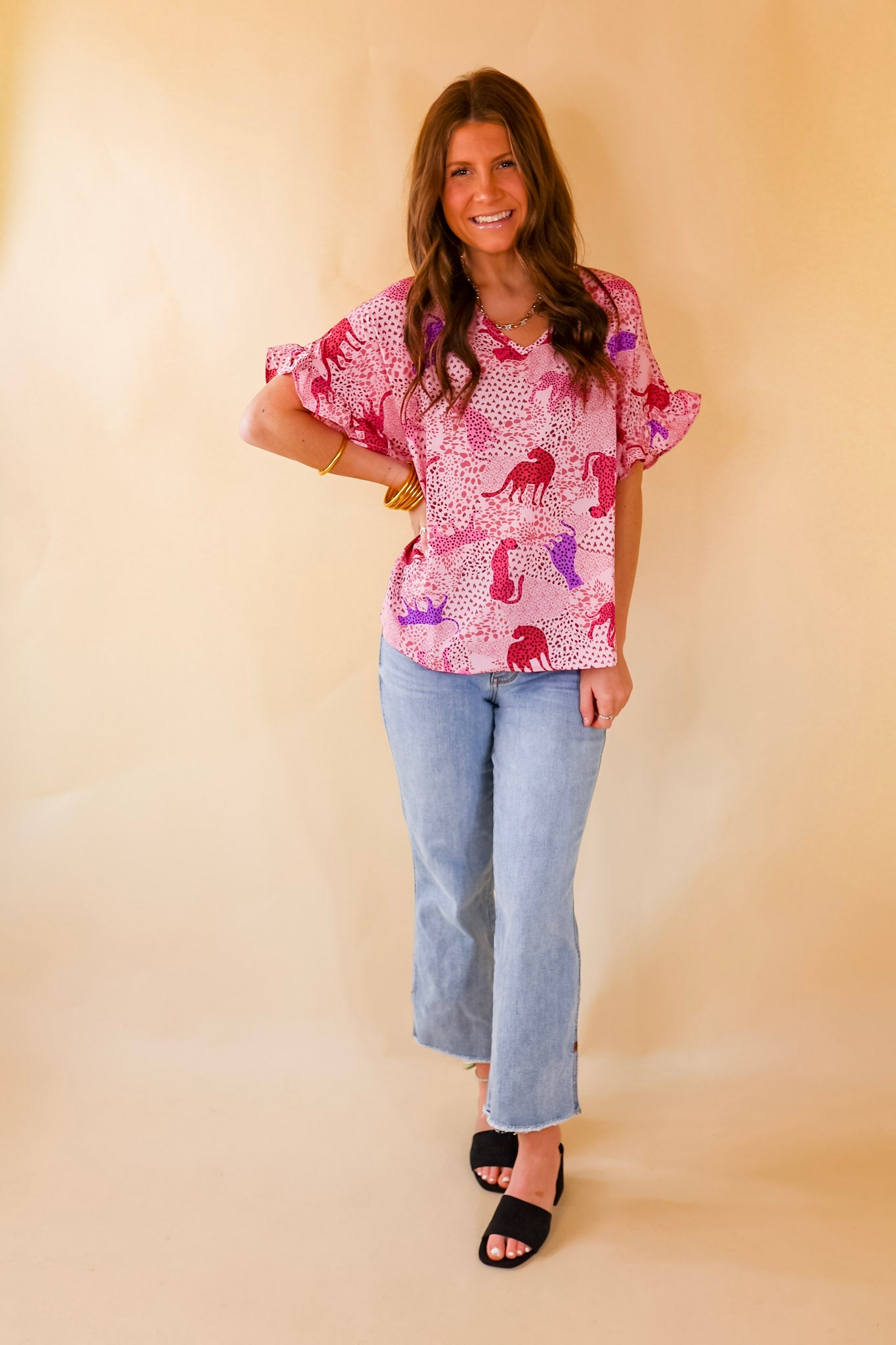 Best Version Cheetah Print V Neck Top with Ruffle Short Sleeves in Pink Mix - Giddy Up Glamour Boutique